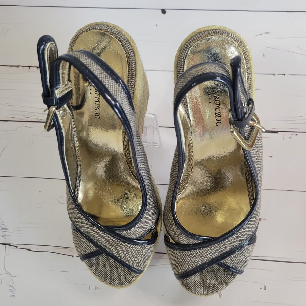 Banana Republic navy blue jute sling back peep toe wedge heels size 7 - Picture 3 of 8